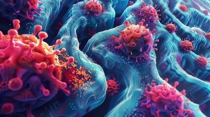 A digital art piece showing a maze within the body, where immune cells navigate obstacles powered by vitamin boosts - obrazy, fototapety, plakaty