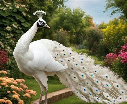White peacock bird animal in a beautiful garden peafowl, sufaid mor, paon blanc, pavo real pavao blanco, pavone bianco, image, stockphoto 