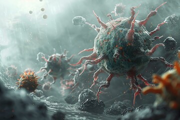 A creative depiction of immune cells as warriors in an epic battlefield, defending against viral invaders