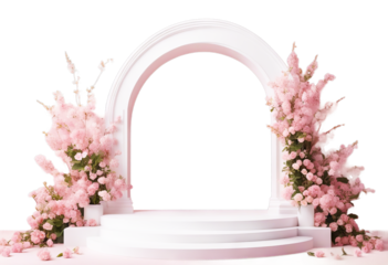 arch flowers pastel white background pink pink podium poduim advertising arch pink cosmetic presentation flower stage design leaf product square stream blank white racked isolated beauty showcase
