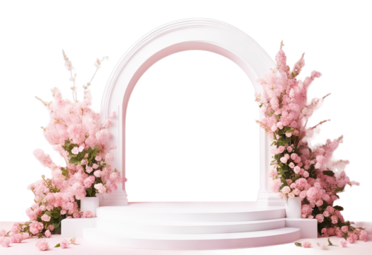 arch flowers pastel white background pink pink podium poduim advertising arch pink cosmetic presentation flower stage design leaf product square stream blank white racked isolated beauty showcase