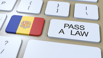 Andorra Country National Flag and Pass a Law Text on Button 3D Illustration - obrazy, fototapety, plakaty