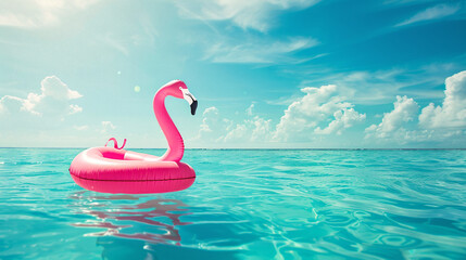 Pink inflatable swimming ring in the shape of flamingo lies on the turquoise sea water. Summer holiday concept at sea