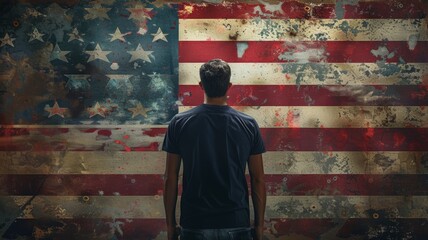 Young man in a t short looking at a ragged and dirty american flag - obrazy, fototapety, plakaty