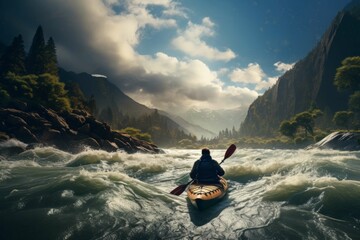 Kayaker paddling through a rough river with a stunning natural landscape in the background