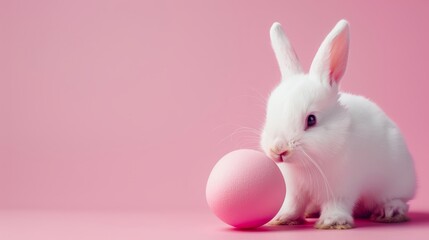 Obraz premium Easter bunny rabbit with pink painted egg on pastel background - festive holiday concept image