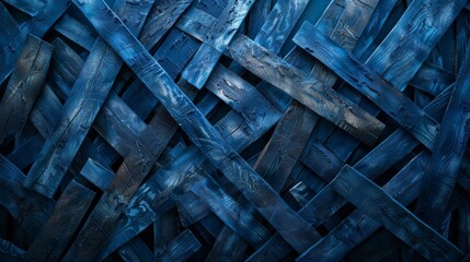 Interior art with a random structure of blue thin wood pieces like a gate.