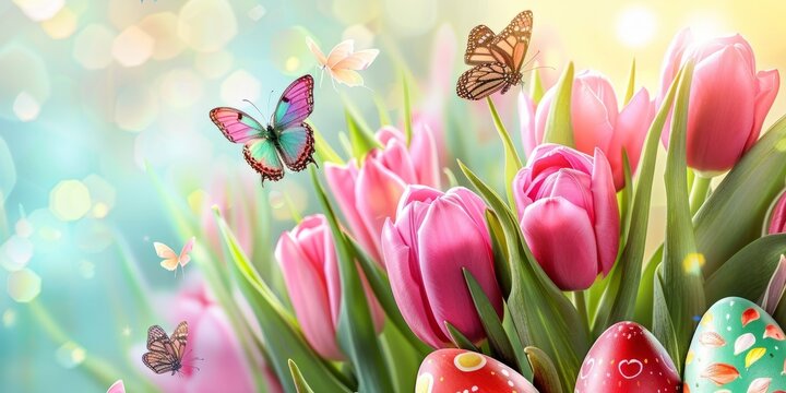 Vibrant easter background: colorful spring tulips, butterflies, and painted eggs in a joyful celebration
