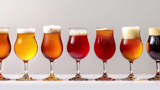  Different types of beer in glasses on light gray background. Animation with pan effect. High quality 4k footage