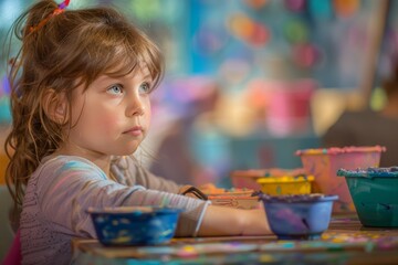 A young girl sits at a table with bowls of colorful paint, engaging in a creative painting activity