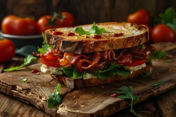 A classic BLT sandwich with bacon, lettuce, and tomatoes assembled on a wooden cutting board