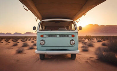 A vintage van traveling, nomadic escape alone in nature at sunset, on a desert path for a road trip towards adventure and freedom.