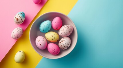 Easter eggs delight: vibrant colors on a festive background, top-down view