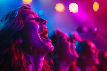 A crowd of enthusiastic fans cheering and dancing at a concert, standing together in front of the stage - Powered by Adobe
