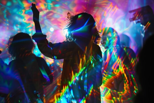 Several individuals energetically dancing in a vibrant room filled with colorful lights and patterns