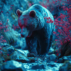 The view of a bear among forests and flowers