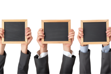 A person holding a blank blackboard, perfect for displaying a message in a business or school setting