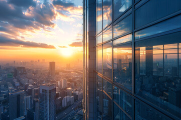 Photo of glass skyscraper. Sunset, big city and part of building on the image - obrazy, fototapety, plakaty