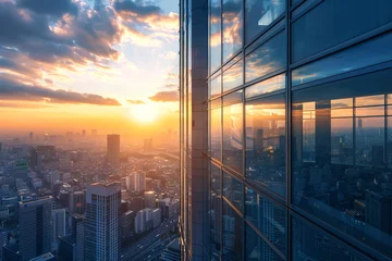 Zelfklevend Fotobehang Photo of glass skyscraper. Sunset, big city and part of building on the image © CozyDigital