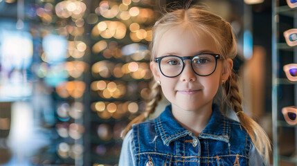 A young caucasian girl wearing glasses smiling as the child kid stands in front of a display case of glasses at an eye retail store