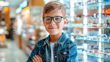 A young caucasian boy wearing glasses smiling as the child kid stands in front of a display case of glasses at an eye retail store