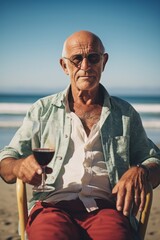 A stylish seignon man with a glass of wine sits on a chair on the sandy shore. Generative AI.