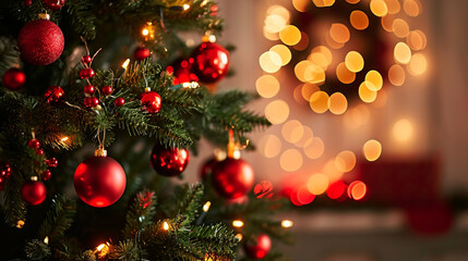 Fototapeta na wymiar Christmas Tree with RED Decorations . Generative Ai
