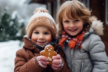 Obraz premium Happy siblings standing with gingerbread man cookies. Generative AI.