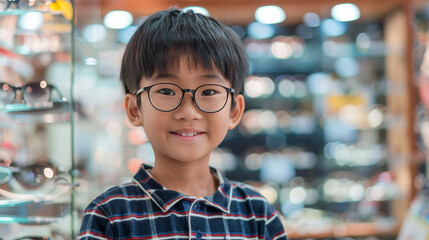 A young Asian boy wearing glasses smiling as the child kid stands in front of a display case of glasses at an eye retail store