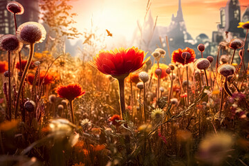 A field of flowers with a single red flower in the middle - Powered by Adobe