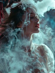 Abstract portrayal with smoke and dress - A woman's form is artistically swathed in delicate smoke, highlighting intricate dress details