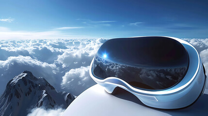 The image shows a futuristic virtual reality headset with a blue sky and clouds in the background. The headset is placed on a white surface.