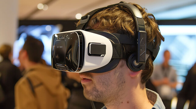 Man wearing a virtual reality headset. He has a look of excitement on his face as he experiences the virtual world. - Powered by Adobe