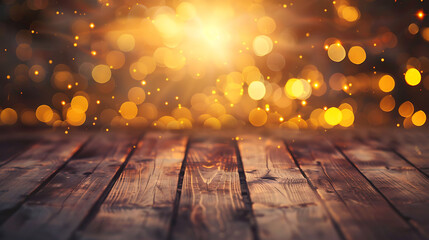 Warm light bokeh background with wooden table.