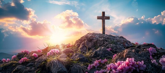 Easter symbolism  empty tomb with cross on meadow at sunrise, depicting good friday concept - obrazy, fototapety, plakaty