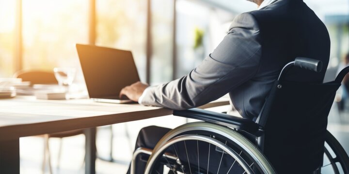 Positive disabled young man in wheelchair working in office. Generative AI.