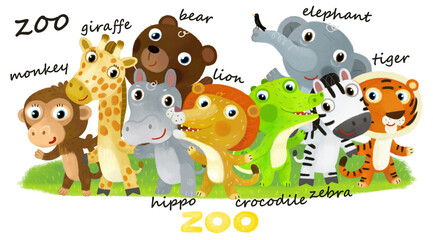 Cartoon zoo scene with zoo animals friends together in amusement park on white background with space for text illustration for children