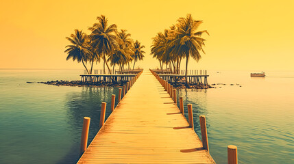 A wooden bridge spans a body of water with palm trees on either side
