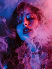 Woman amidst smoke and colored lights - Abstract image of a woman enshrouded in multicolored smoke, suggesting mystery and edginess