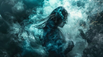 Ethereal woman floating in aqua smoke - A hauntingly ethereal image of a woman floating amidst swirling aqua-colored smoke, evoking a sense of depth - obrazy, fototapety, plakaty