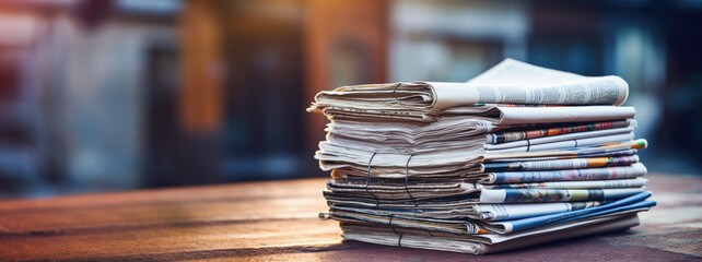 Stack of newspapers on a wooden table in the library. Selective focus . - obrazy, fototapety, plakaty