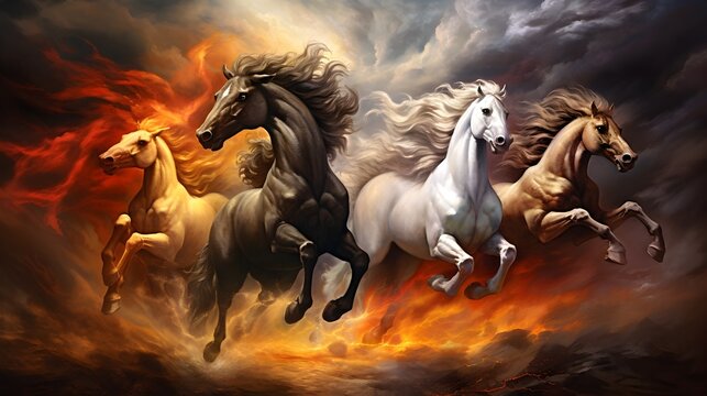 Four majestic horses galloping in a fiery sky - A powerful image depicting four horses of different colors galloping fiercely against a backdrop of a dramatic, fiery sky