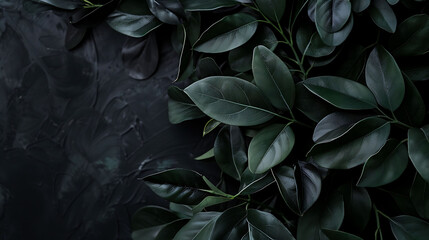 Dark green leaves on a black background. The leaves are of different shapes and sizes, and they are arranged in a way that creates a sense of depth. - obrazy, fototapety, plakaty