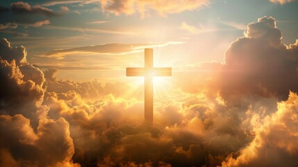 A holy cross surrounded by clouds and sunlight. The concept of the resurrection of Jesus Christ, Happy Easter.