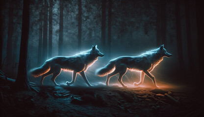 Two spirit wolves running through the dark misty forest. Mysterious animals in glowing light.