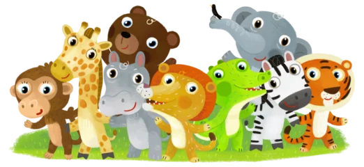 Foto auf Acrylglas Antireflex Cartoon zoo scene with zoo animals friends together in amusement park on white background with space for text illustration for children © honeyflavour