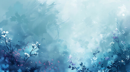 The image is a watercolor painting of a winter landscape. The background is a pale blue, and the...