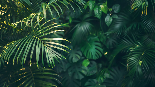 Lush green foliage of a tropical jungle with bright sunlight shining through the leaves.