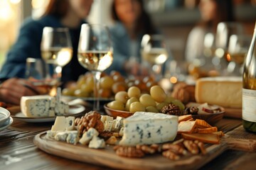 A wooden table covered with a variety of cheeses and wine bottles ready for pairing