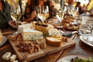 A wooden table covered in a variety of cheeses and nuts